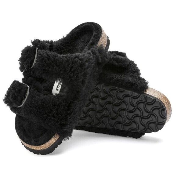 New Birkenstock Papillio Arizona Teddy Shearling Fur Platform Sandals Black EU37 - Picture 3 of 9